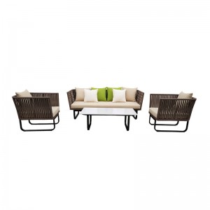 18 Years Factory Outdoor Modern Handmade Rope Sofa 1+1+2 Sofa with Coffee Table Set Rope Weaving Aluminum Frame Garden Sofa Leisure Single and 2 Seater Chair